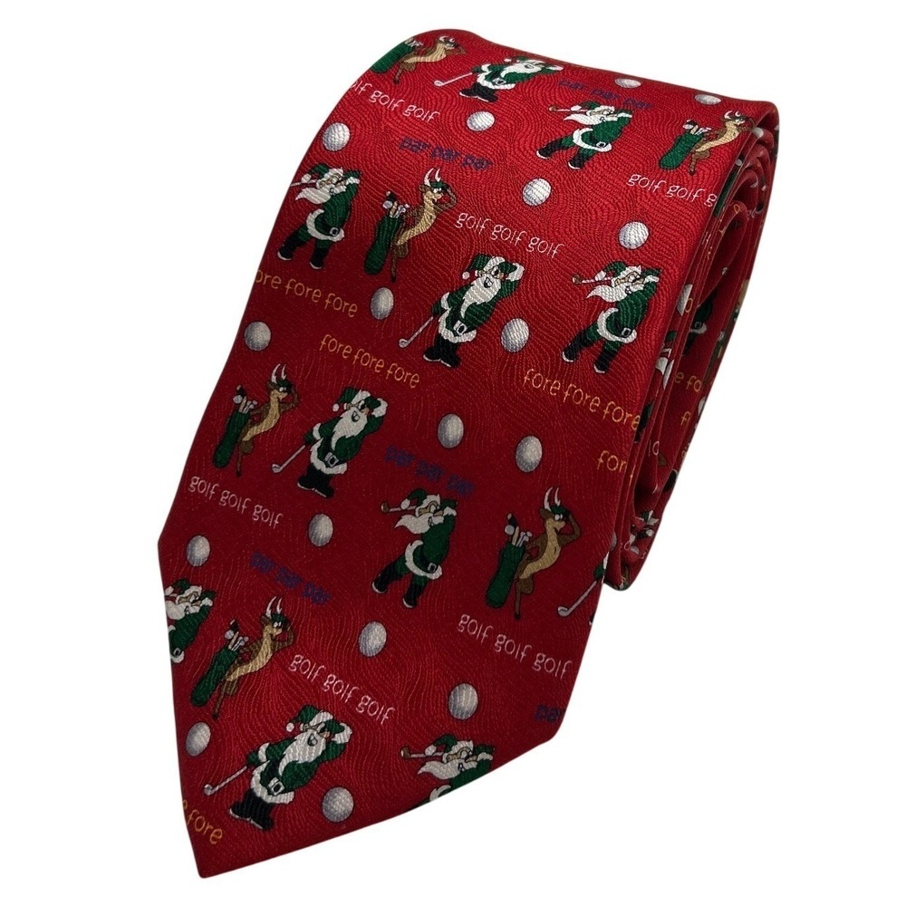 Cape Cod Neckwear Mens Tie Red OS Christmas Santa Golf Reindeer Silk Handmade